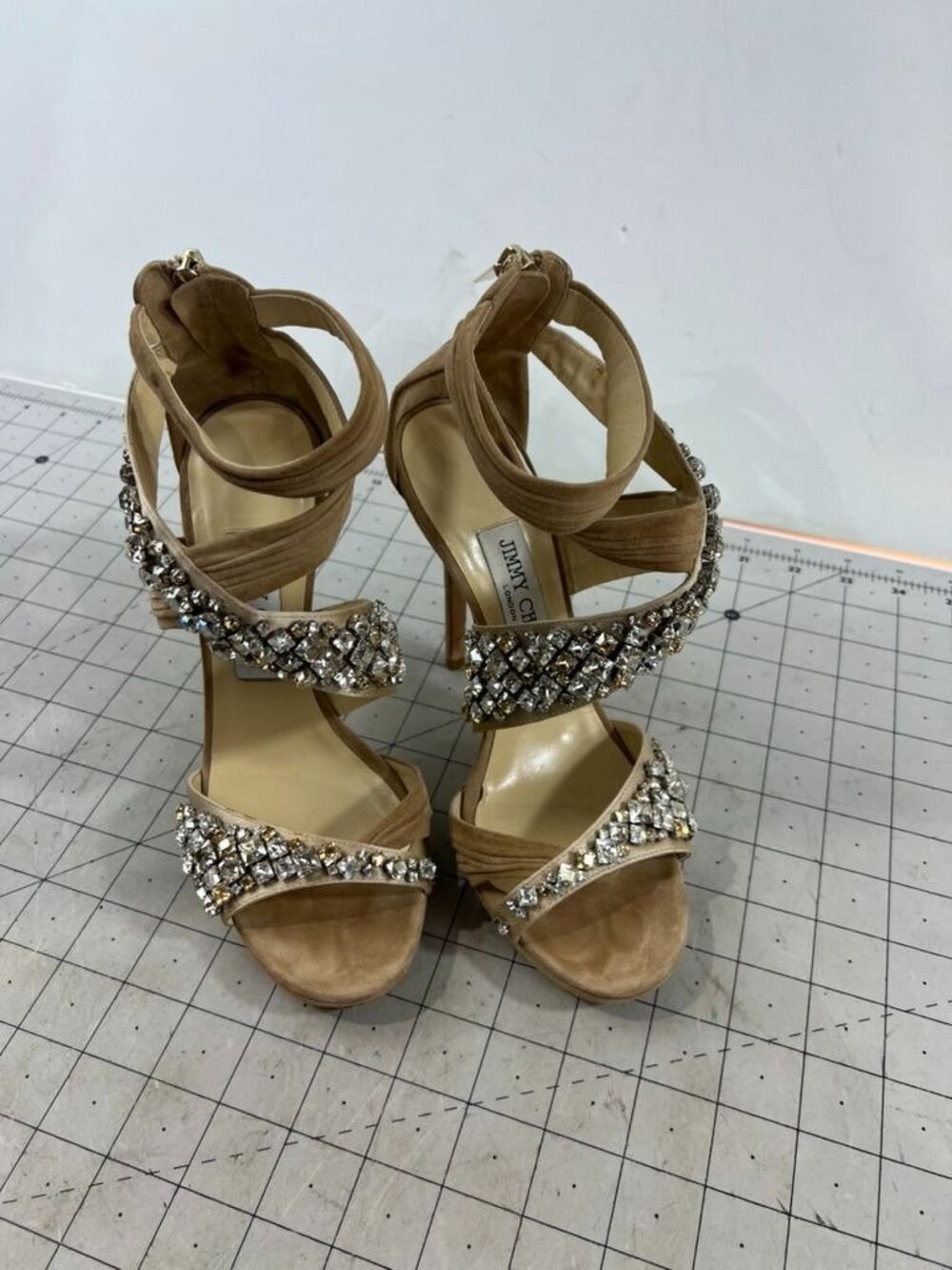 Jimmy Choo Beige Suede Crystal Embellished Strappy High Heels Zip Sz. 37.5 EU - Picture 2 of 11